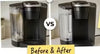 Before and after images of a Keurig coffee machine demonstrating the descaling process, How to Descale a Keurig: Tips, Tricks, and More!