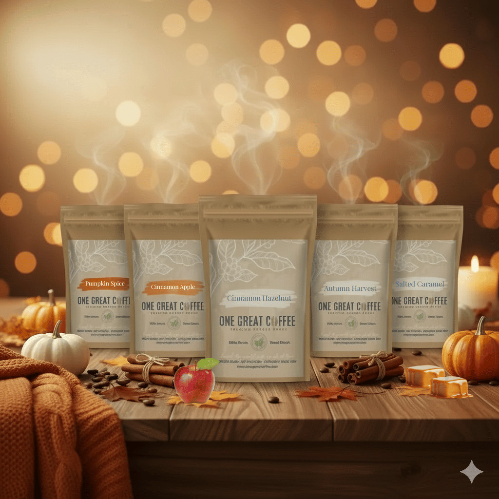 Five bags of 'One Great Coffee' with autumn-themed labels on a wooden table with pumpkins and candles, against a warm bokeh background.