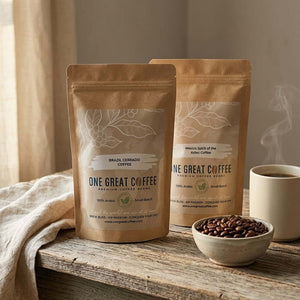 The New World Discovery — Brazil Cerrado & Mexico Spirit of the Aztec Coffee Bundle on a wooden table.