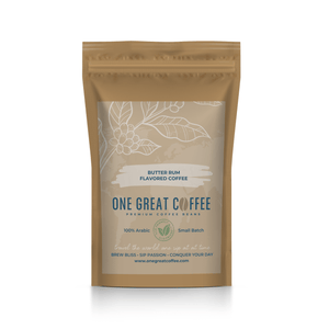 Butter Rum Flavored Coffee in a premium small batch packaging, highlighting rich flavor and quality Arabica beans.