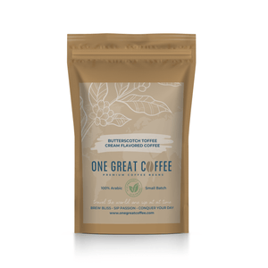 Butterscotch Toffee Cream Flavored Coffee packaging showcasing gourmet coffee experience.