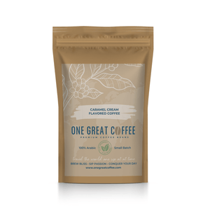 Caramel Cream Flavored Coffee package featuring premium gourmet coffee beans in a small batch.