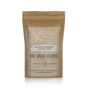 Chocolate Strawberry Flavored Coffee bag with premium Arabica coffee beans design and branding elements.