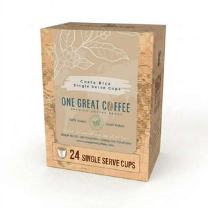 Costa Rica Reserve Single Serve Coffee box featuring 24 single serve cups for a premium coffee experience.