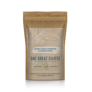 Double Vanilla Cinnamon Flavored Coffee package featuring premium coffee beans and a warm design.