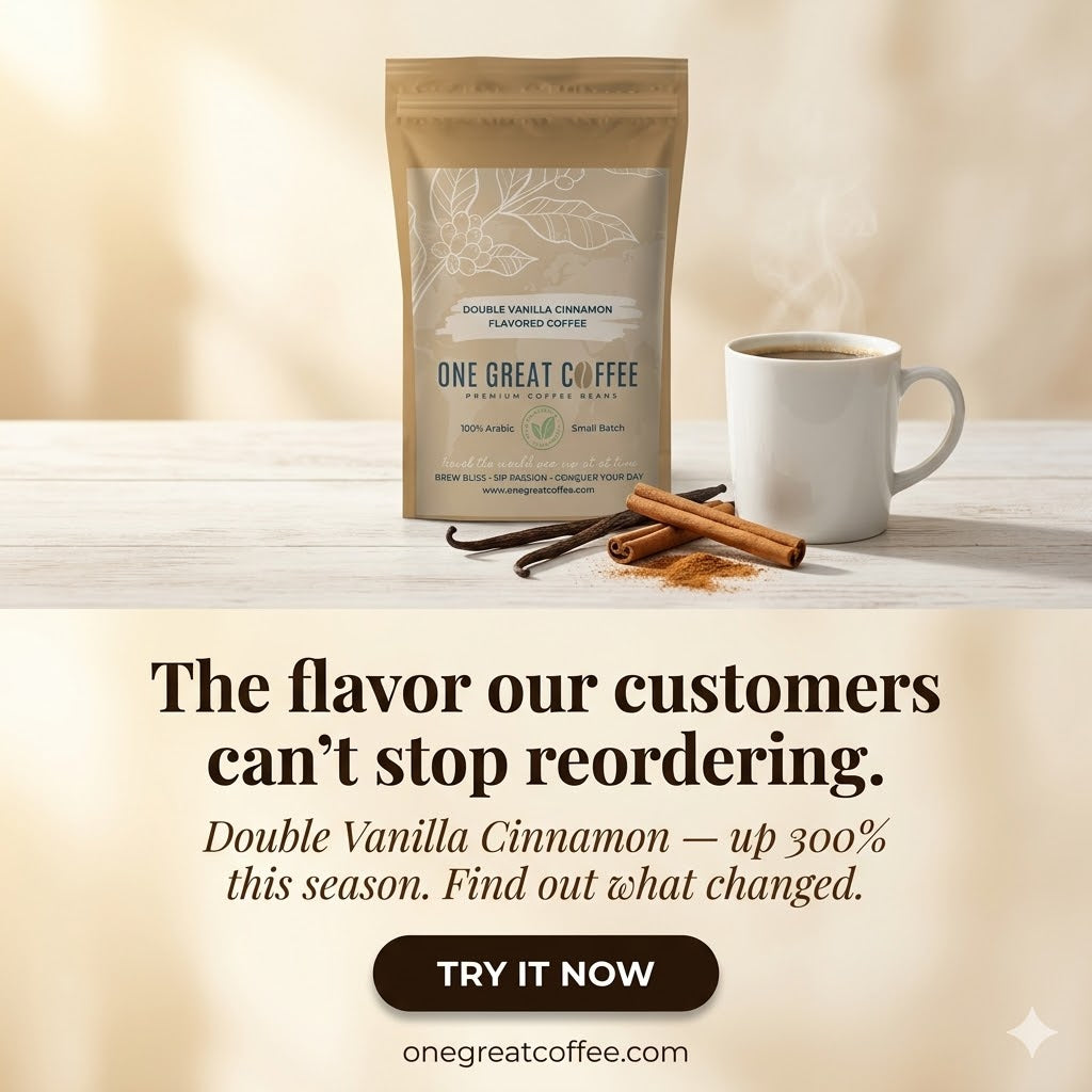 One Great Coffee's Double Vanilla Cinnamon flavored coffee bag with vanilla beans, cinnamon sticks, and a steaming mug arranged on a wooden surface in warm morning light — featured banner for the season's most-reordered flavor.