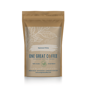 Espresso Prima premium coffee beans packaging with rich aroma, ideal for brewing espresso.
