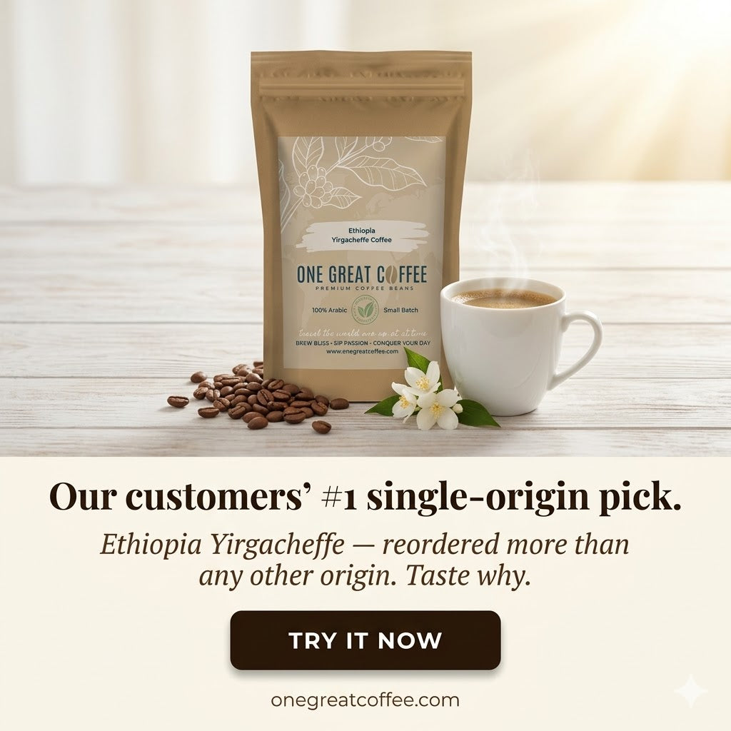 One Great Coffee's Ethiopia Yirgacheffe single-origin coffee bag with scattered roasted beans, a small jasmine sprig, and a steaming white ceramic mug arranged on a whitewashed wooden surface in warm morning light — featured mobile banner for the most-reordered single-origin coffee among customers.