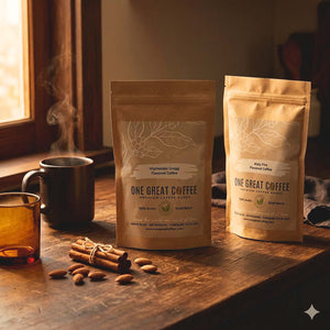The Highland Spice Bundle — Highlander Grogg + Kozy Fire Flavored Coffee displayed with coffee mugs and spices.