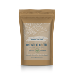 Natural Organic Sumatra Black Satin Roast Fair Trade Coffee premium coffee bag packaging.
