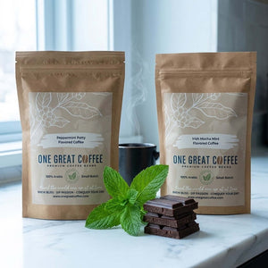 The Mint Chocolate Duo — Peppermint Patty + Irish Mocha Mint Flavored Coffee Bundle with peppermint and chocolate.