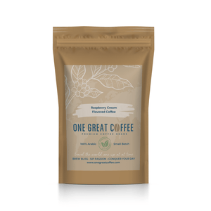 Raspberry Cream Flavored Coffee packaging showcasing premium coffee beans with a rich design.