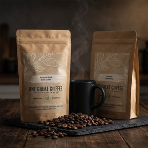 The Dark Roast Lover's Set — Sumatra Black Satin and Sumatra Mandheling coffee bundle on a dark wood counter with roasted beans
