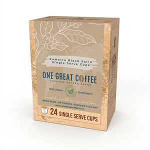 Sumatra Dark Roast Black Satin Single Serve pack featuring single serve cups, 100% Arabic coffee, and gourmet blend.