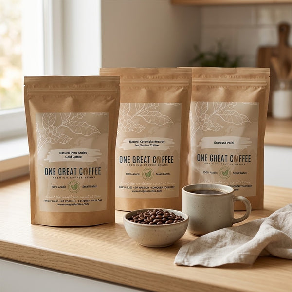 The Andes Awakening Trio — three single-origin coffee bags from One Great Coffee arranged on a rustic counter