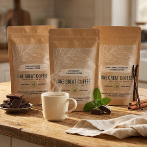Coffee Shop Classics 3-Pack — Dark Chocolate, Peppermint, and Double Vanilla Cinnamon coffee bags on a weathered wood counter
