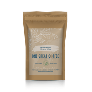 Vanilla Hazelnut Flavored Coffee bag showcasing premium coffee beans and ingredients.