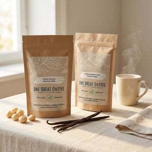 The Vanilla Starter — Vanilla Hazelnut + Vanilla Macadamia Bundle displayed on a table with coffee cups and vanilla pods.