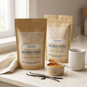 The Southern Classic — Vermont Maple Pecan & Southern Pecan Coffee Bundle displayed on a kitchen counter.