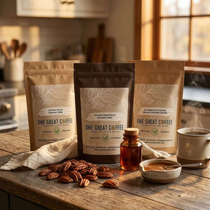 The Fall Pecan & Maple Trio — Vermont Maple Pecan, Southern Pecan & Butterscotch Toffee Cream Coffee Bundle on a kitchen counter.