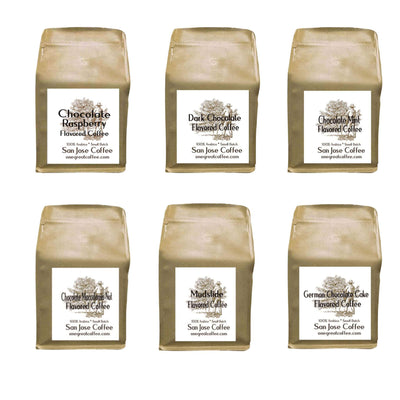 Chocolate flavored coffee bundle that contains: Chocolate Raspberry, Dark Chocolate, Chocolate Mint, Chocolate Macadamia Nut, German  Chocolate and Mudslide Flavored Coffee