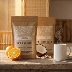 The Island Duo — Costa Rica Reserve & Jamaica Blue Mountain Blend Coffee Bundle with coffee bags and a steaming mug.