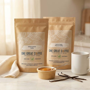 The Cream & Caramel Coffee Bundle | Salted Caramel + Vanilla Cream Flavored Coffee on a table with a steaming cup.