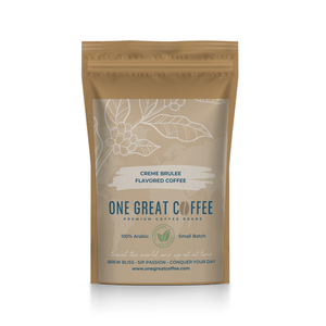 Creme Brulee Flavored Coffee packaging featuring 100% Arabic small batch coffee beans.