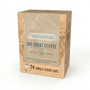 Decaf Swiss Water Peru Single Serve coffee pods package featuring 24 single serve cups of premium decaffeinated coffee.