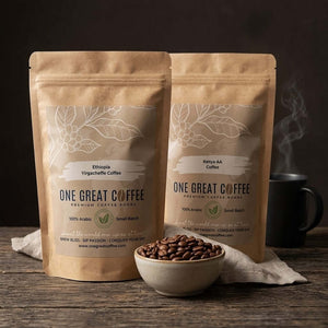 The Africa Showcase — Ethiopia Yirgacheffe & Kenya AA | Single-Origin Coffee Bundle with coffee bags and beans.
