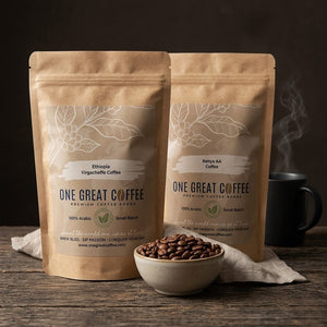 One Great Coffee Africa Showcase bundle — Ethiopia Yirgacheffe and Kenya AA single-origin coffee bags side by side on a weathered wood surface with a ceramic mug and roasted coffee beans, morning light
