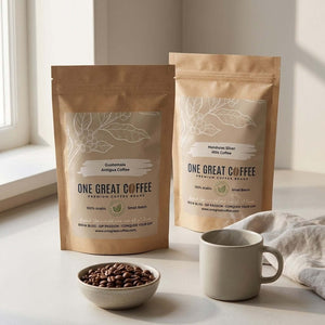 Guatemala Antigua coffee and Honduras Silver Hills coffee bundle, The Smooth & Low Acid Pair, displayed with beans and a cup.
