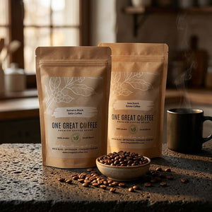 Indonesian coffee bundle, The Indonesia Tour: Sumatra Black Satin and Java Dutch Estate on a rustic countertop.