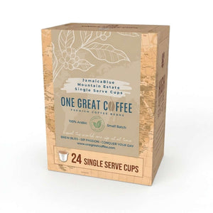Jamaican Blue Mountain Estate Single Serve coffee pods in a premium packaging with 24 single serve cups.