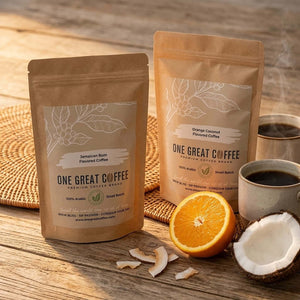 The Tropical Escape — Jamaican Rum + Orange Coconut Flavored Coffee Bundle displayed in eco-friendly packaging.