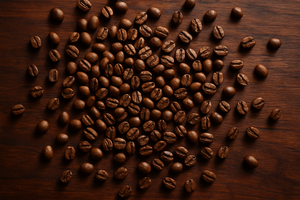 loose coffee beans on a dark cherry rustic table top