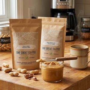 The Peanut Butter Obsession — Peanut Butter + Peanut Butter Cup Flavored Coffee Bundle with coffee bags and peanut butter.