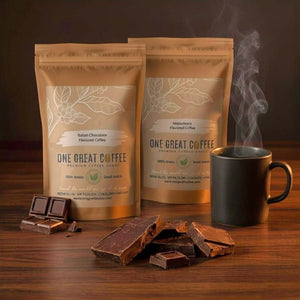 The Chocolate Lover's Duo — Italian Chocolate + Matterhorn Flavored Coffee Bundle with chocolate bars and steaming coffee.